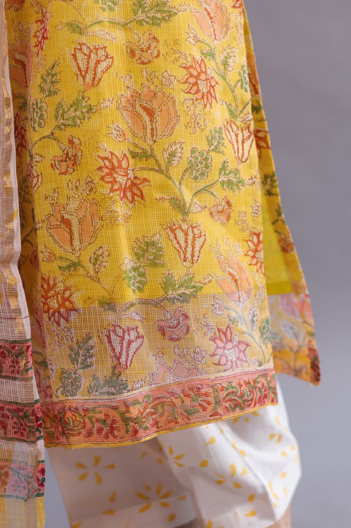 Yellow Handblock printed kota 3 piece suit (stitched)