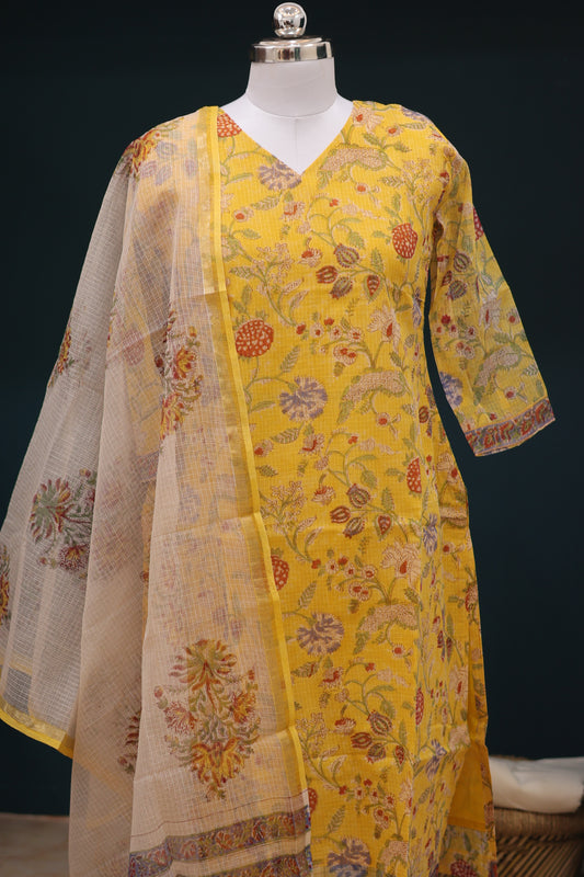 Yellow Handblock printed kota 3 piece suit (stitched)