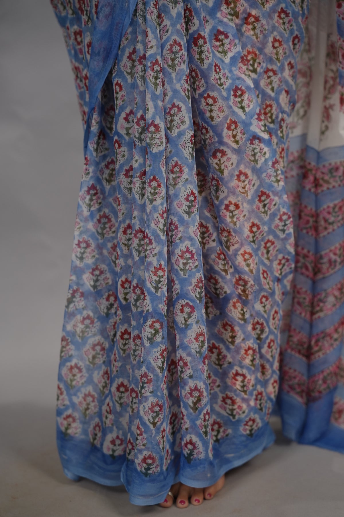 Blue Floral Chiffon Hand Block Printed Saree | Looms & Tassels
