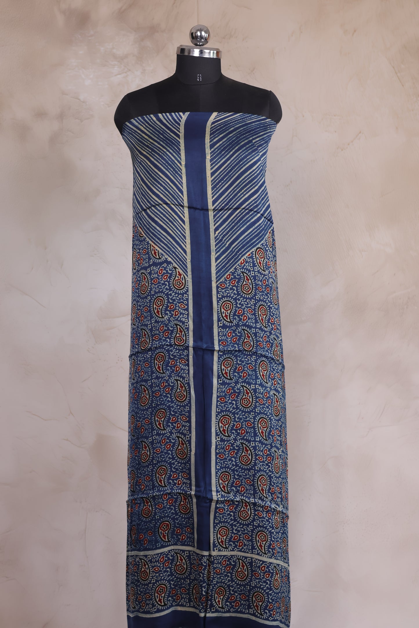 Indigo Contemporary Ajrakh Handblock Printed Modal Silk 2 Piece Suit Set | Looms & Tassels