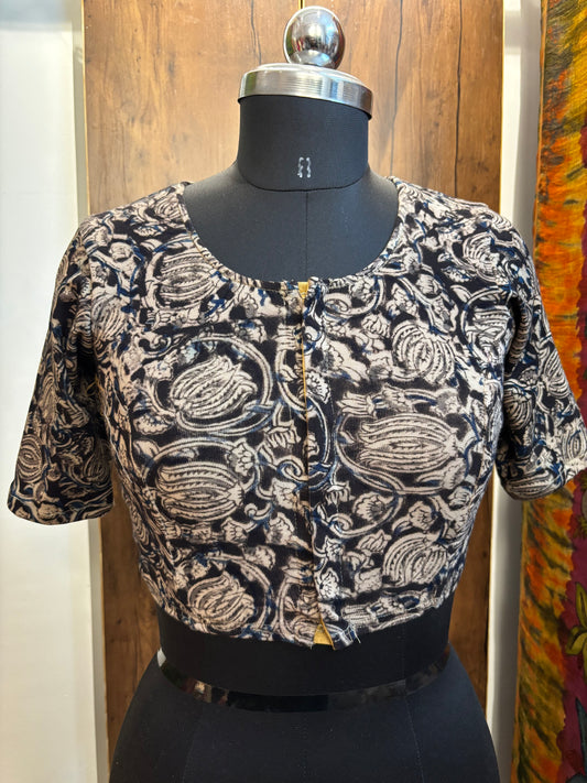 Black Round neck Stretchable Hand block printed kalamkari blouse with front hooks