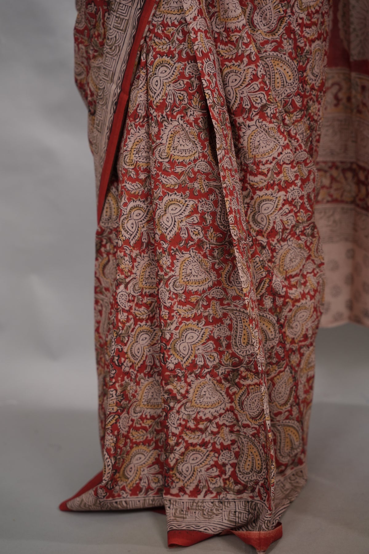 Maroon Hand Block Printed Kalamkari Cotton Saree | Looms & Tassels