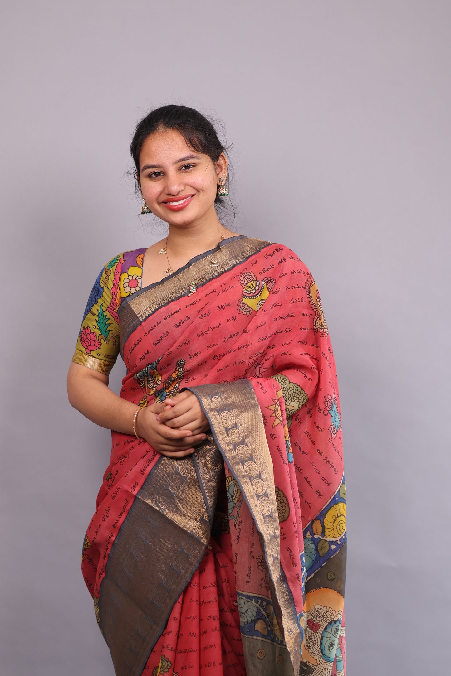 Pink Hand Painted Pen Kalamkari Silk Saree