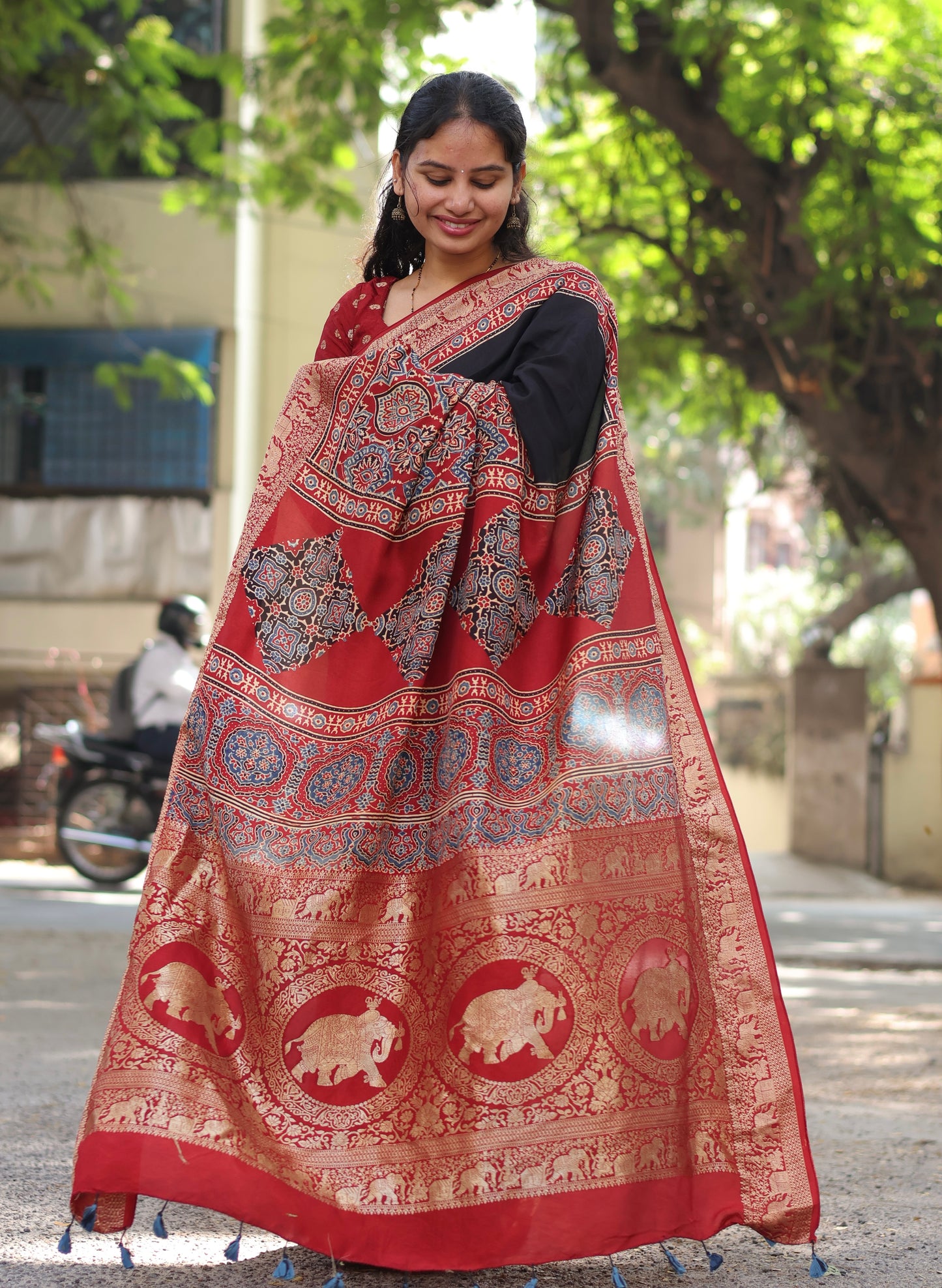 Black & Red Ajrakh Dola Silk Saree