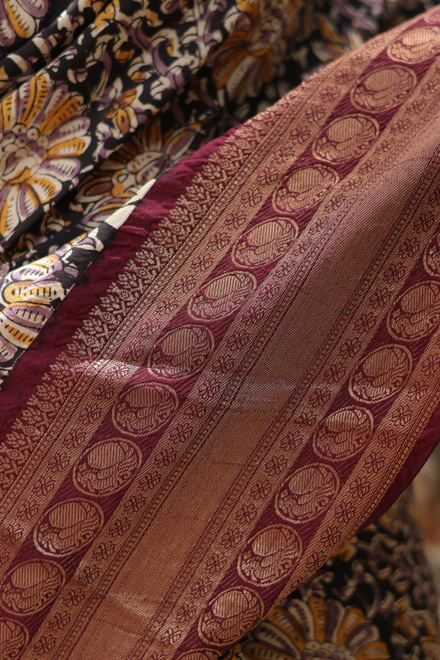 Black & Maroon Kuppadam Border Kalamkari Uppada Silk Saree