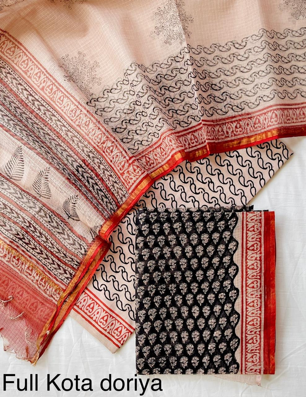 Handblock printed pure kota doria cotton 3 piece suit set