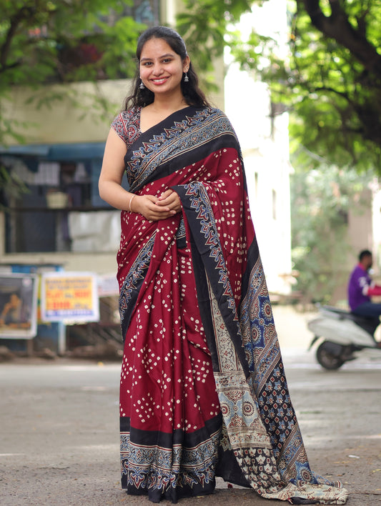 Ajrakh Bandhej Modal Silk Saree