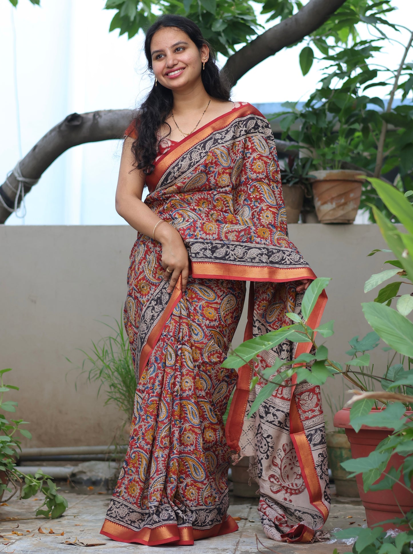 Hand Block Printed Kalamkari Nizam Border Silk Saree
