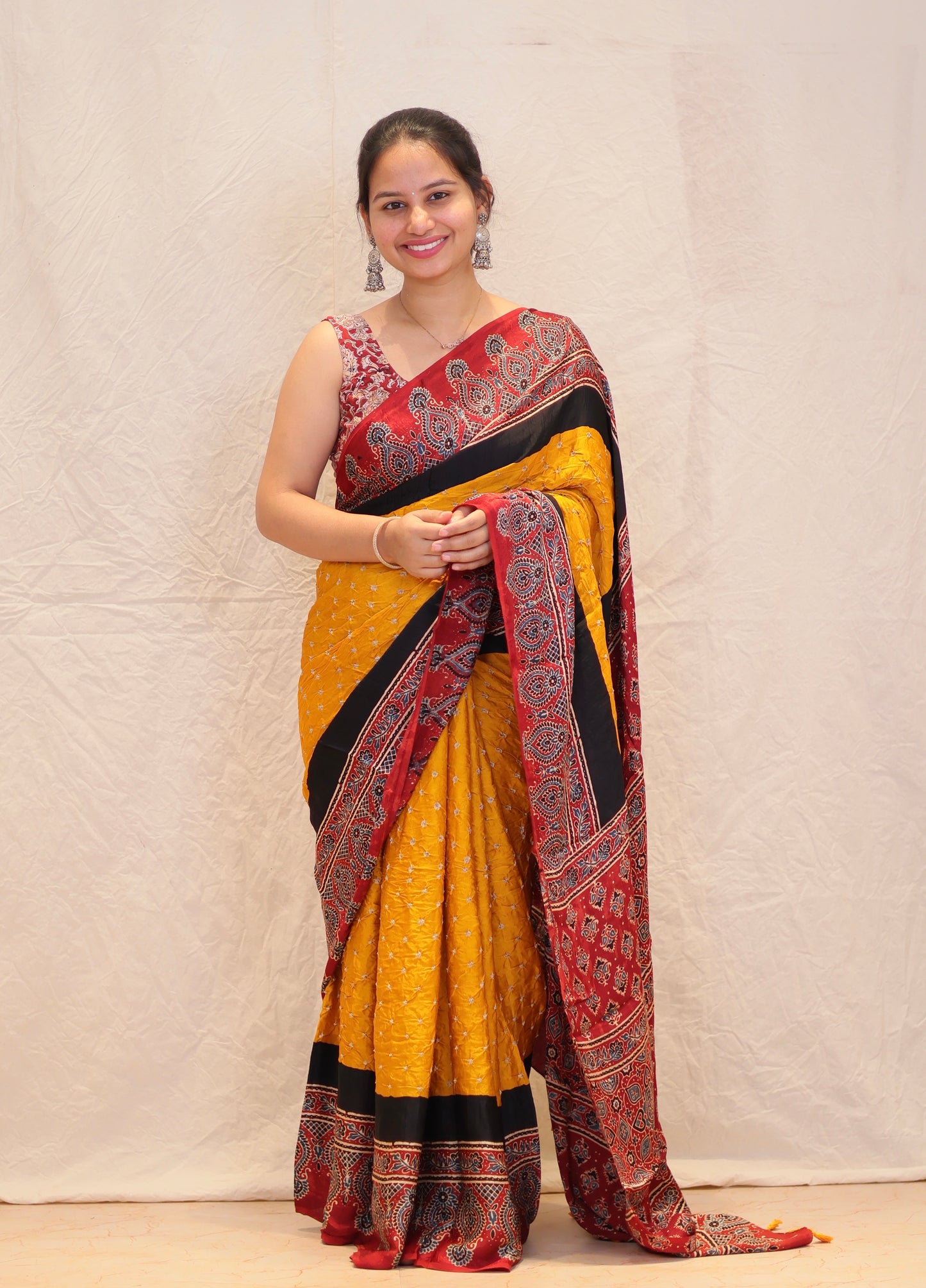 Yellow Ajrakh Bandhej Modal Silk