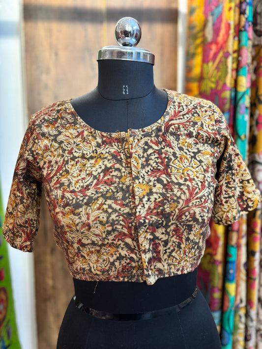 Round neck Stretchable Hand block printed kalamkari blouse with front hooks