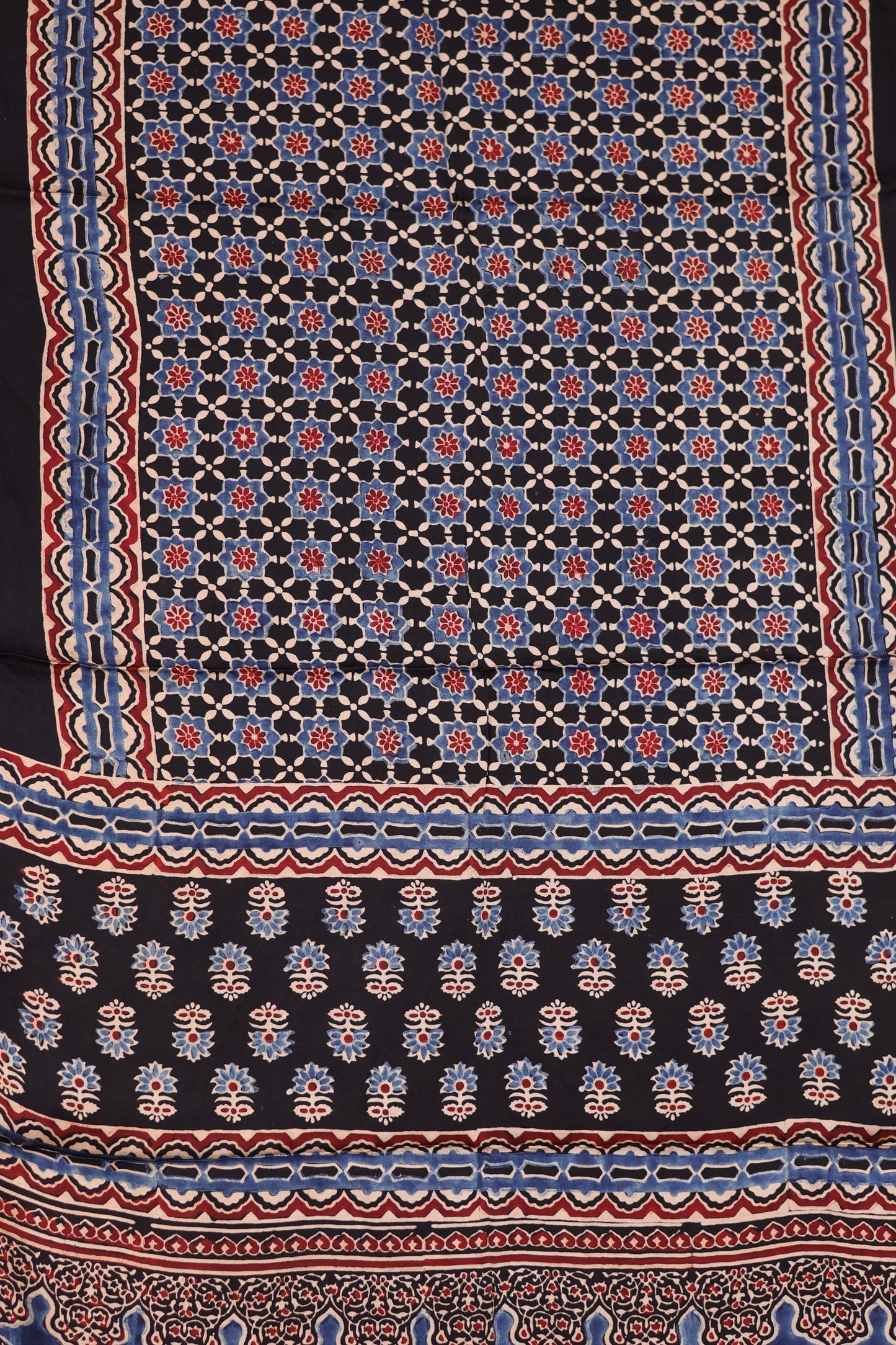 Black Ajrakh Hand Block Printed Modal Silk Stole | Looms & Tassels