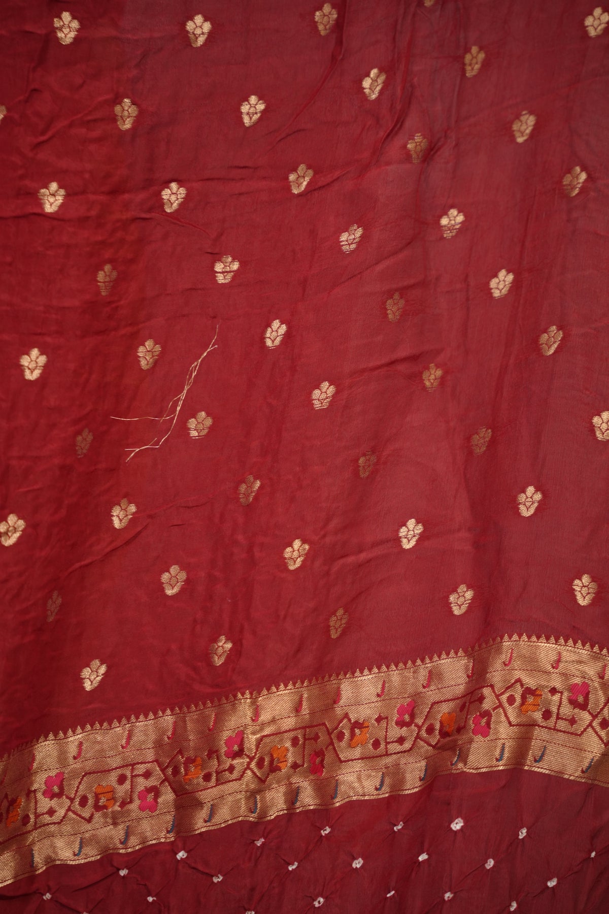 Maroon Handcrafted Bandhani Paithani Dola Silk Saree | Looms & Tassels