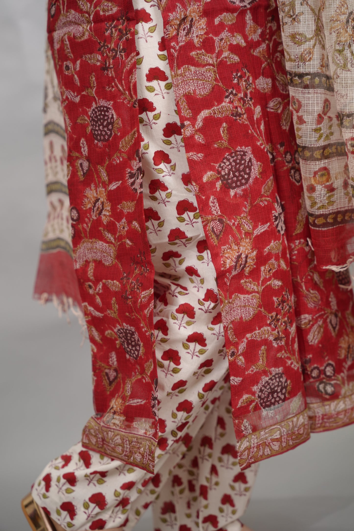 Red Handblock printed kota 3 piece suit (stitched)