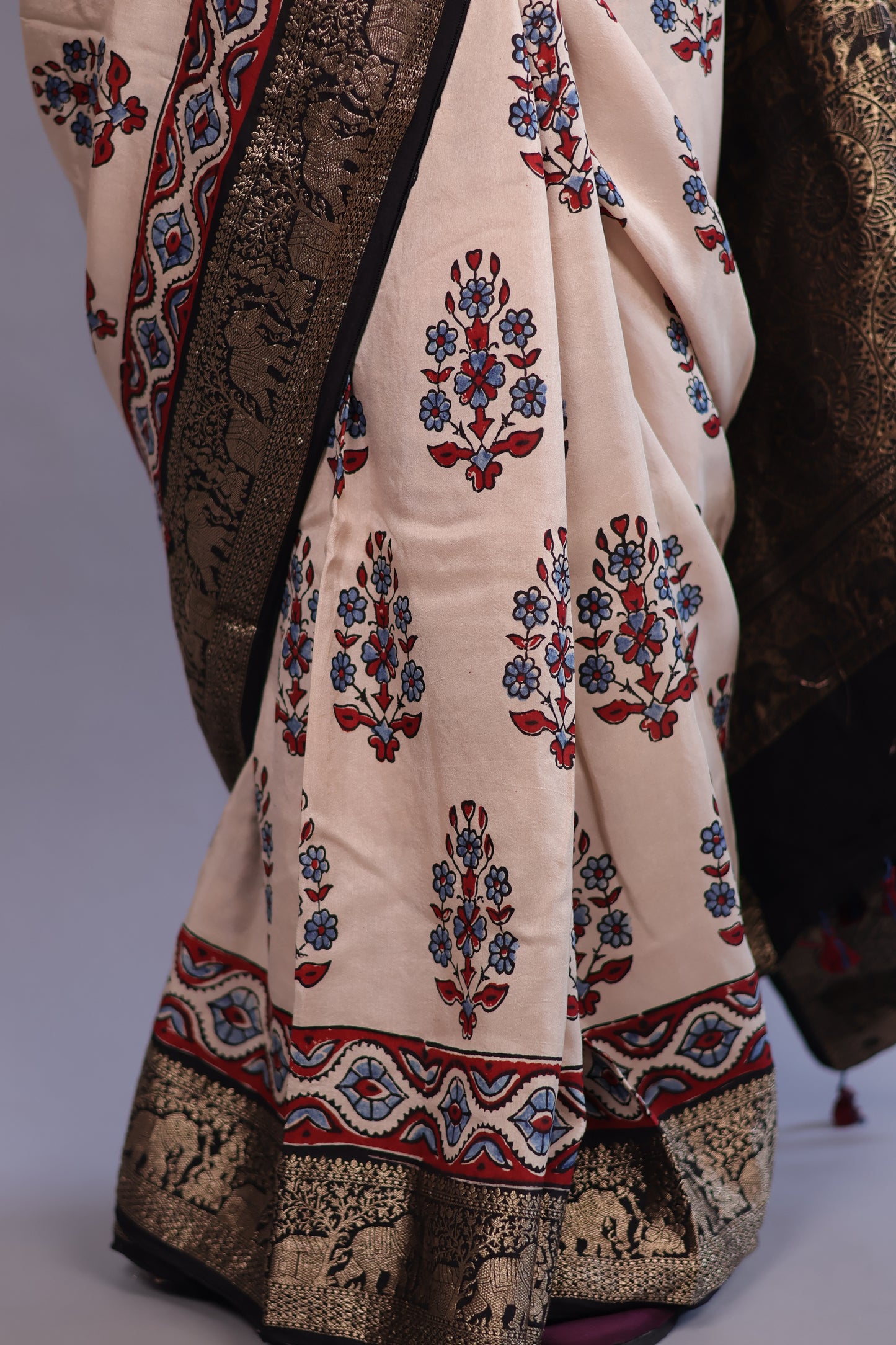 Cream Flower Butta Ajrakh Handblock printed Dola Silk Saree | Looms & Tassels