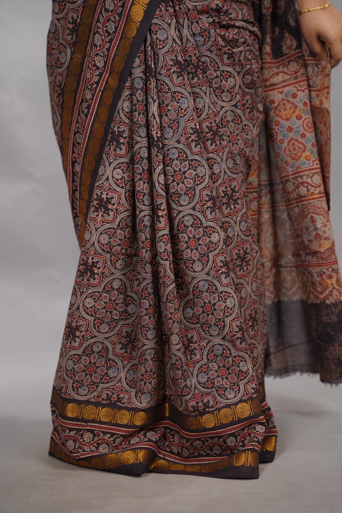 Black Ajrakh Hand Block Printed Sungudi Cotton Saree | Looms & Tassels