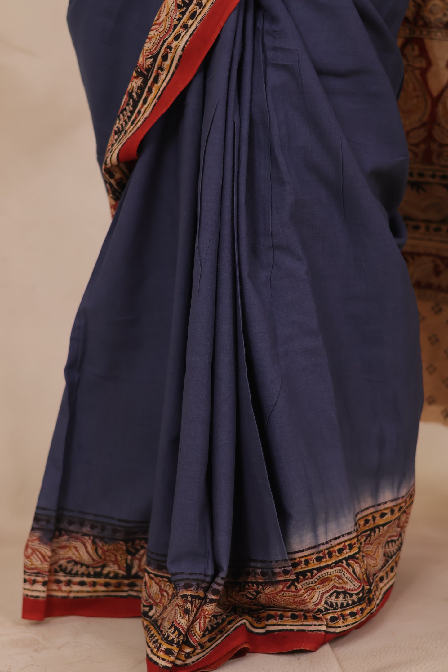 Blue Hand Block Printed Kalamkari Cotton Saree | Looms & Tassels