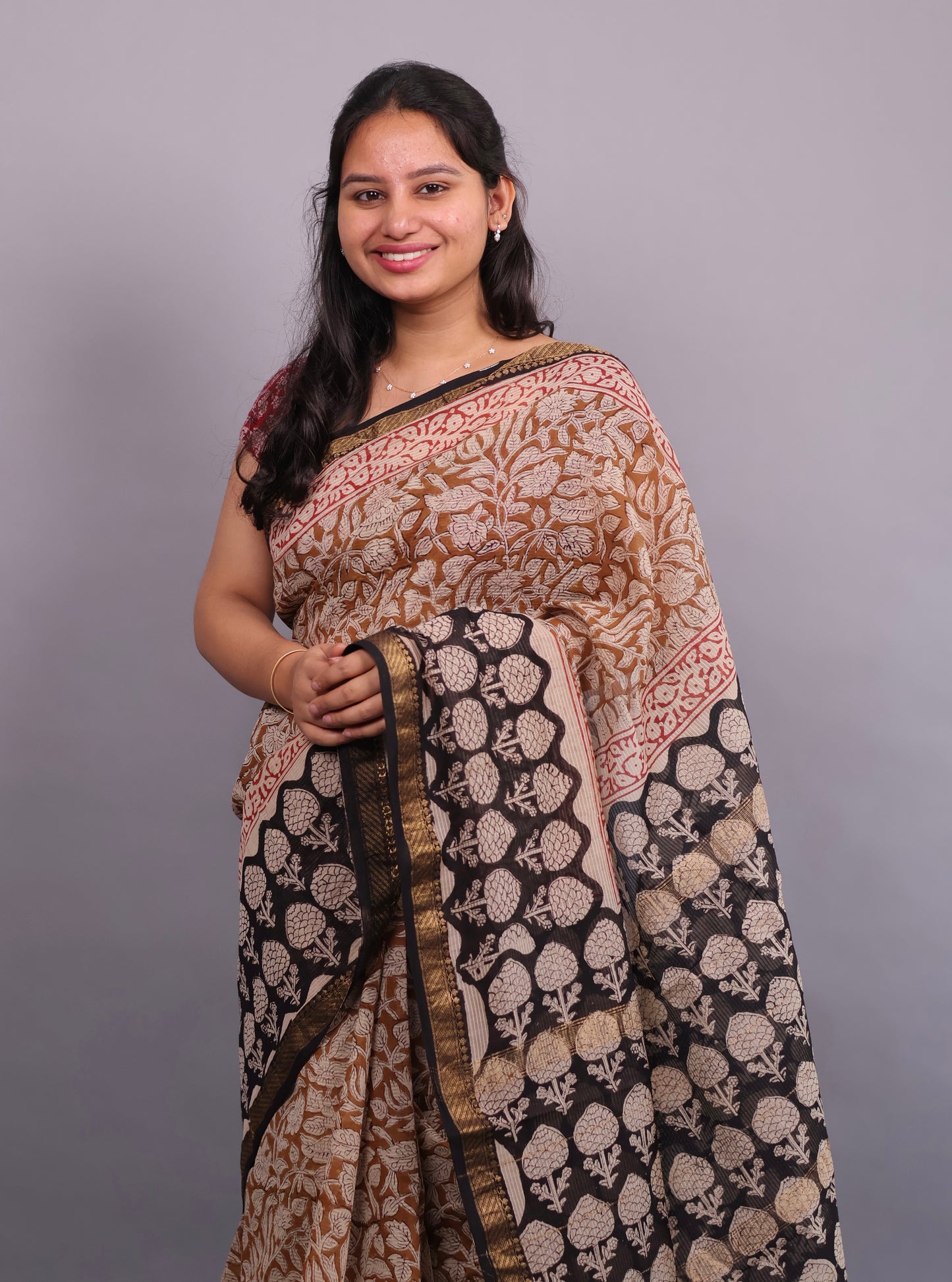 Bagru Hand Block Printed Maheswari Silk Cotton Saree