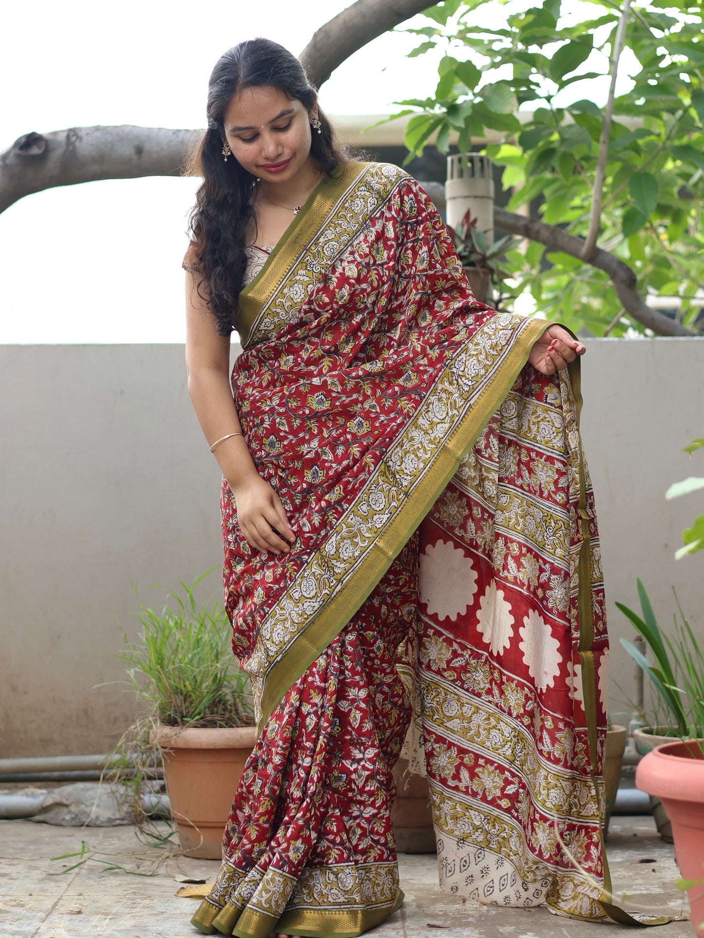 Red Hand Block Printed Kalamkari Nizam Border Silk Sare