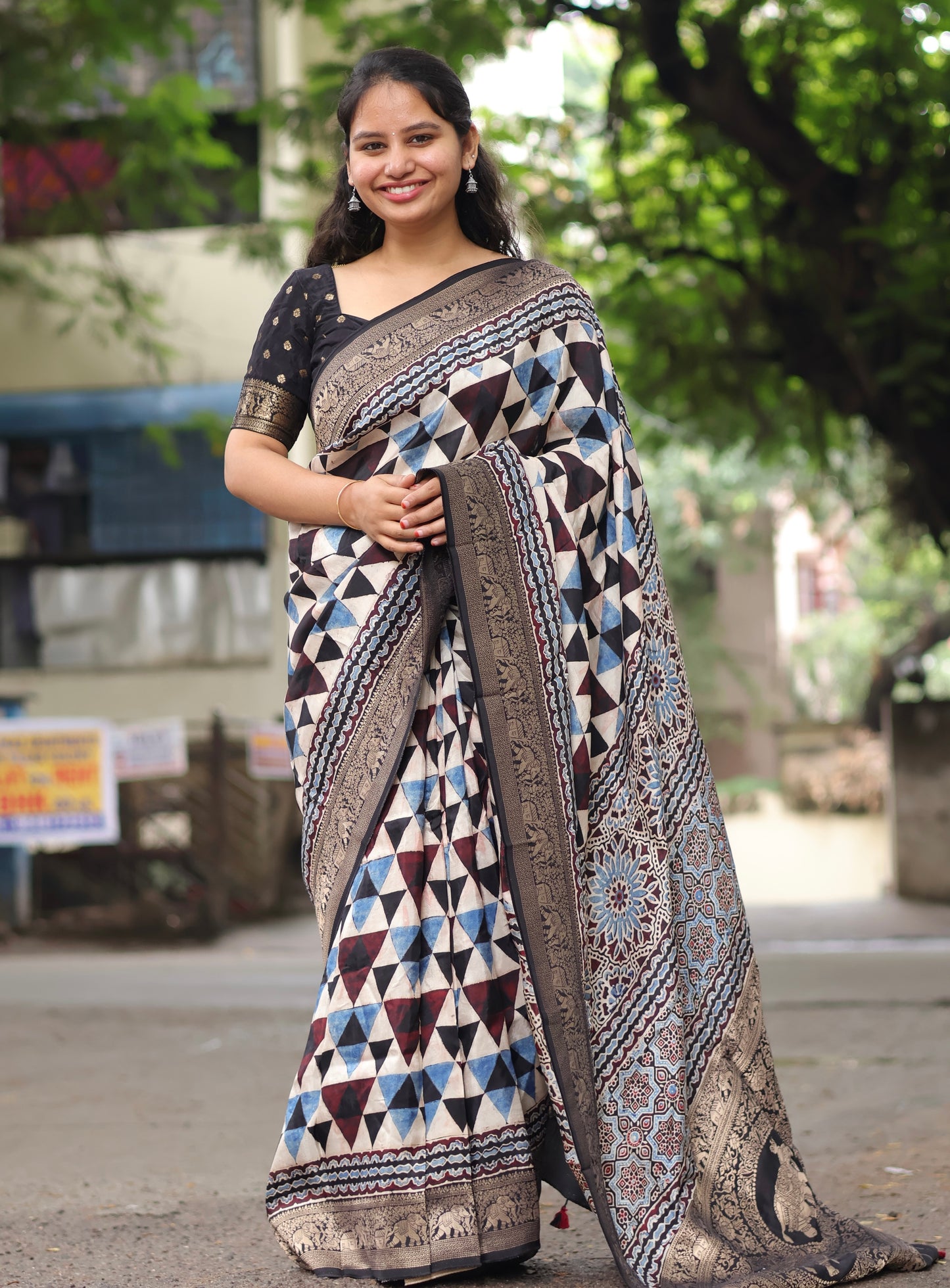 Contemporary Ajrakh Dola Silk Saree
