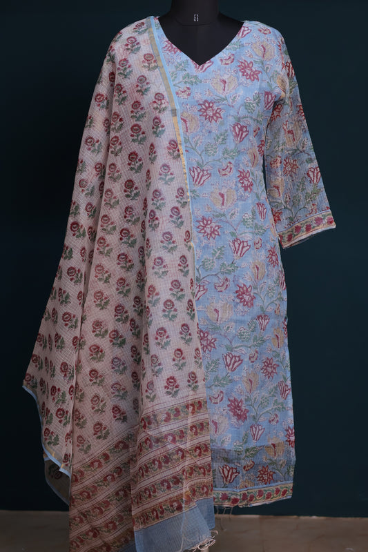 Sky blue Handblock printed kota 3 piece suit (stitched)