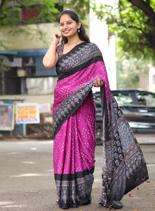 Ajrakh Bandhej Modal Silk Saree
