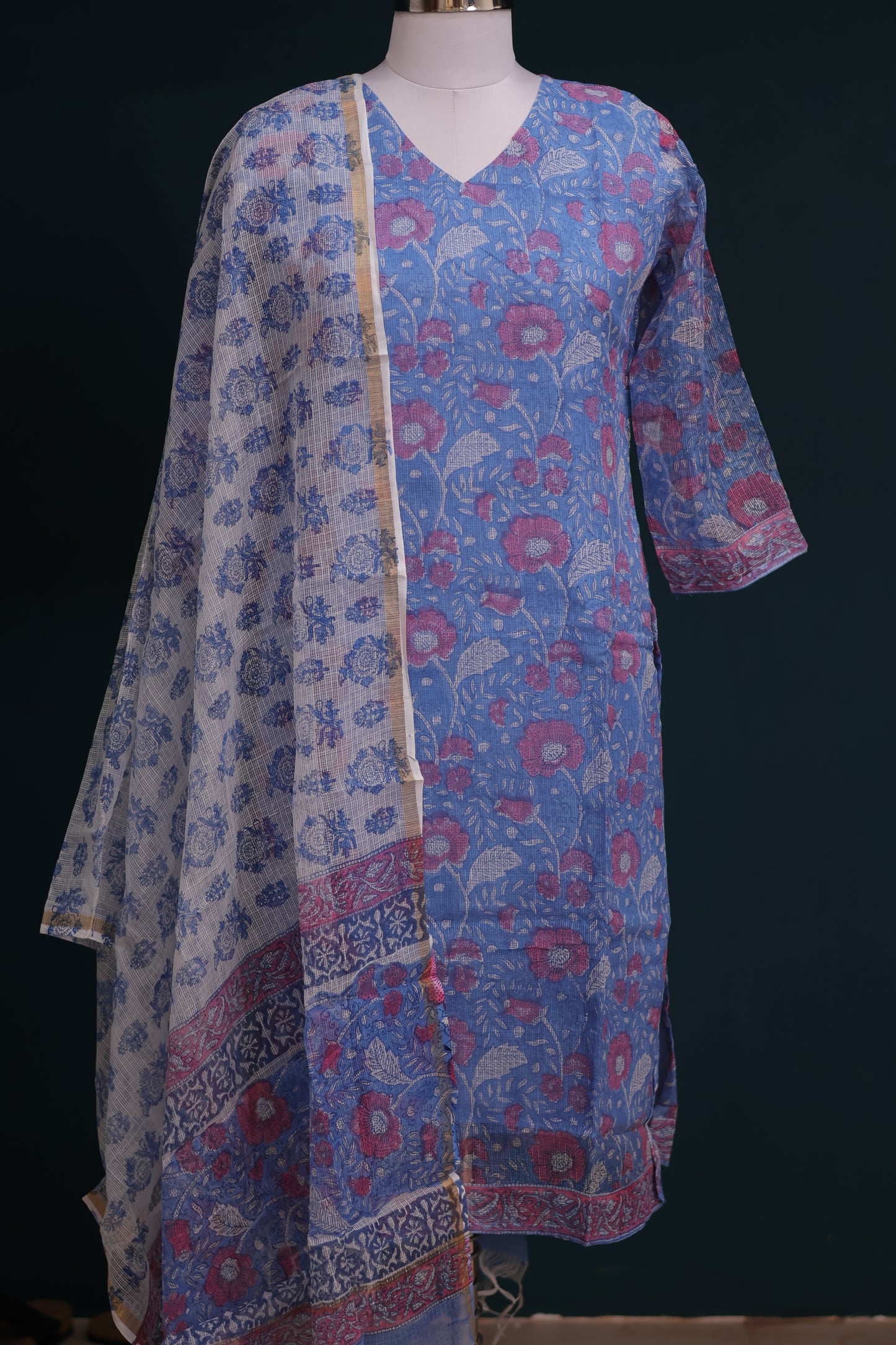 Handblock printed kota 3 piece suit (stitched)