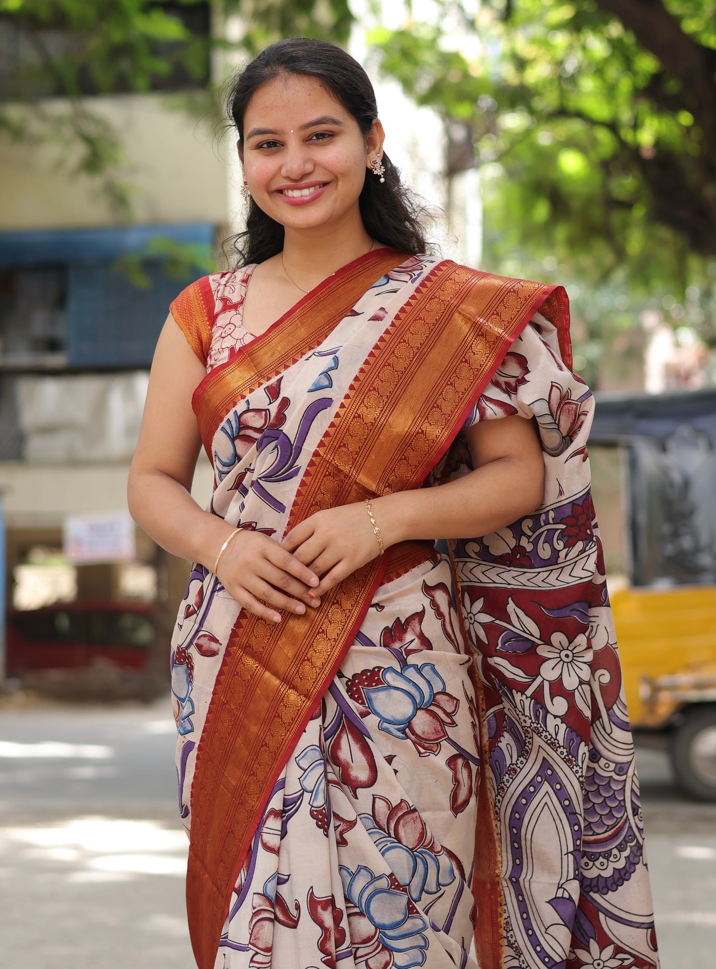 Lotus Kanchi Border Kalamkari Chennur Silk Saree