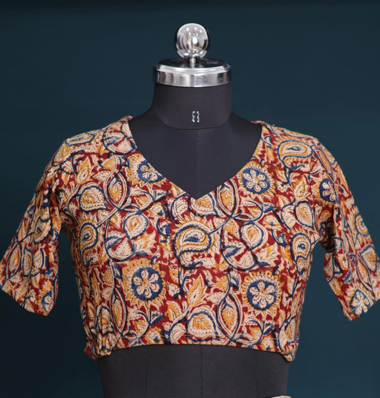 V neck Stretchable Hand block printed kalamkari blouse