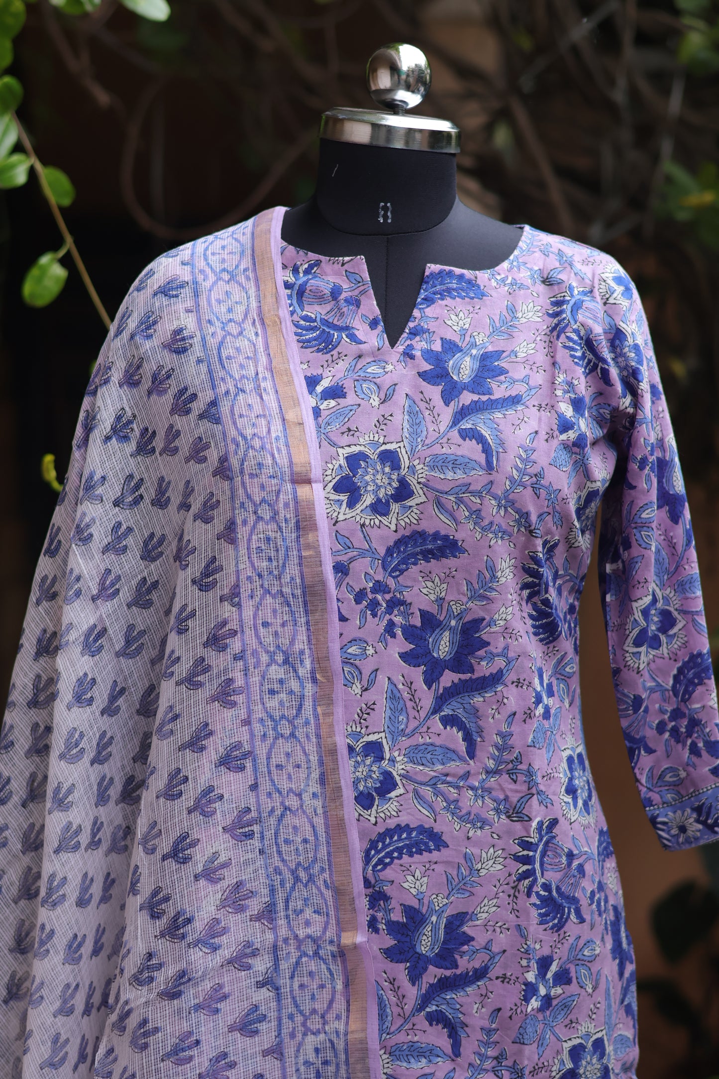 Lavender Handblock printed Pure Mul Cotton with Kota Doria Duppata 3 piece suit (stitched)