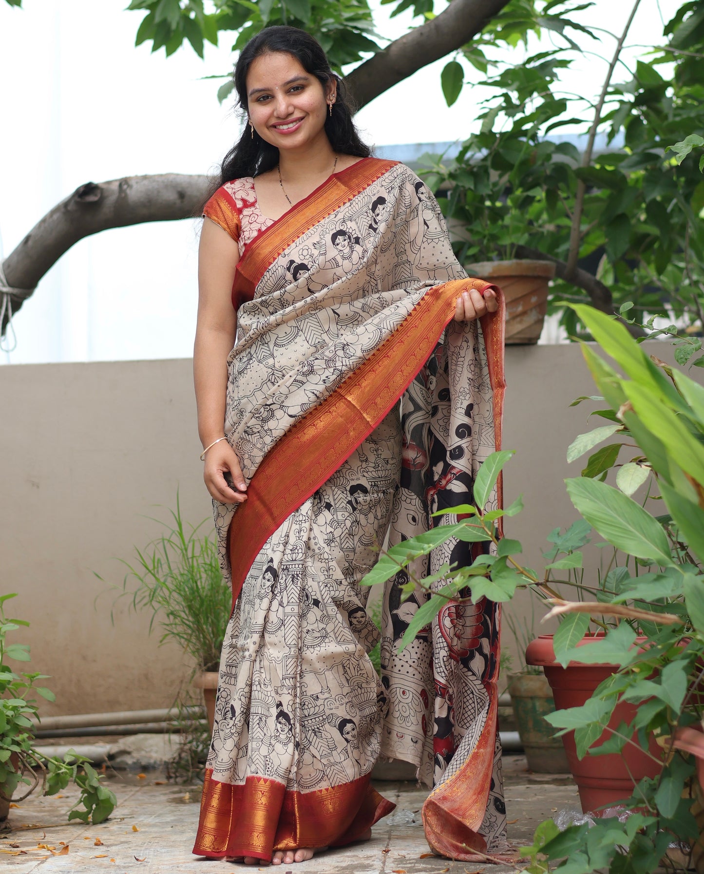Cream Outline Kanchi border Kalamkari chennur silk saree