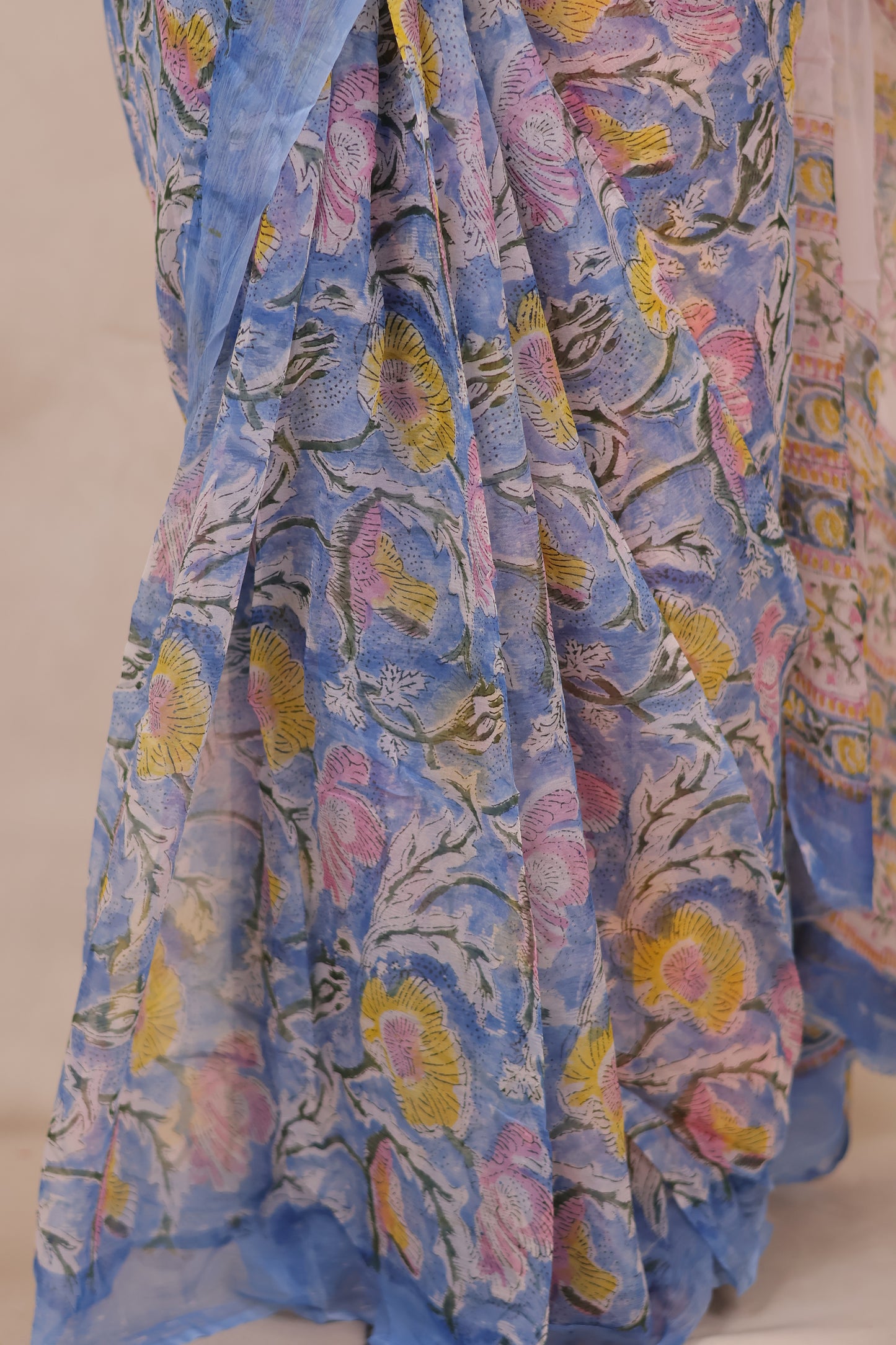 Blue Chiffon Hand Block Printed Saree | Looms & Tassels