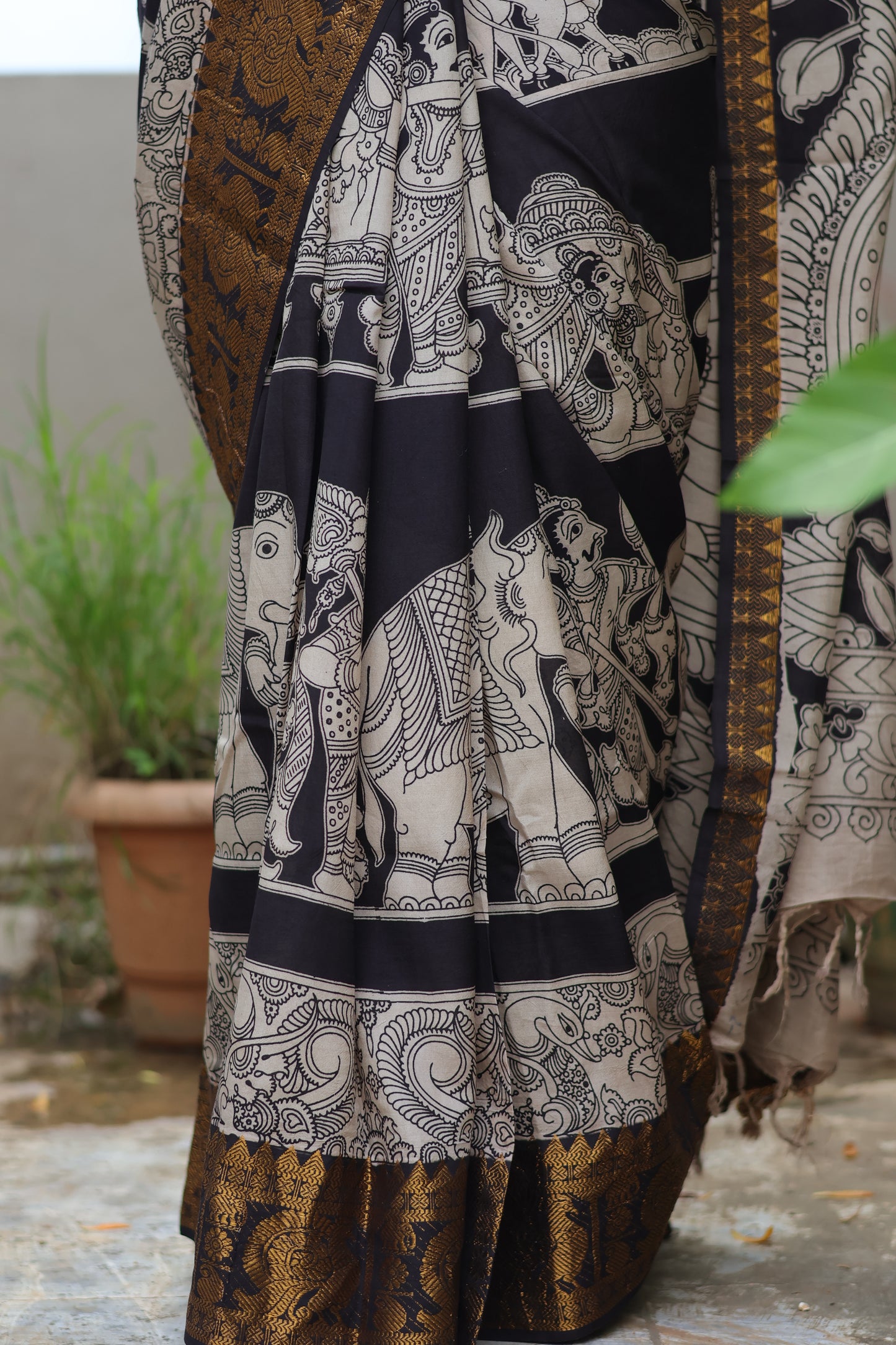 Black Kanchi border Kalamkari chennur silk saree