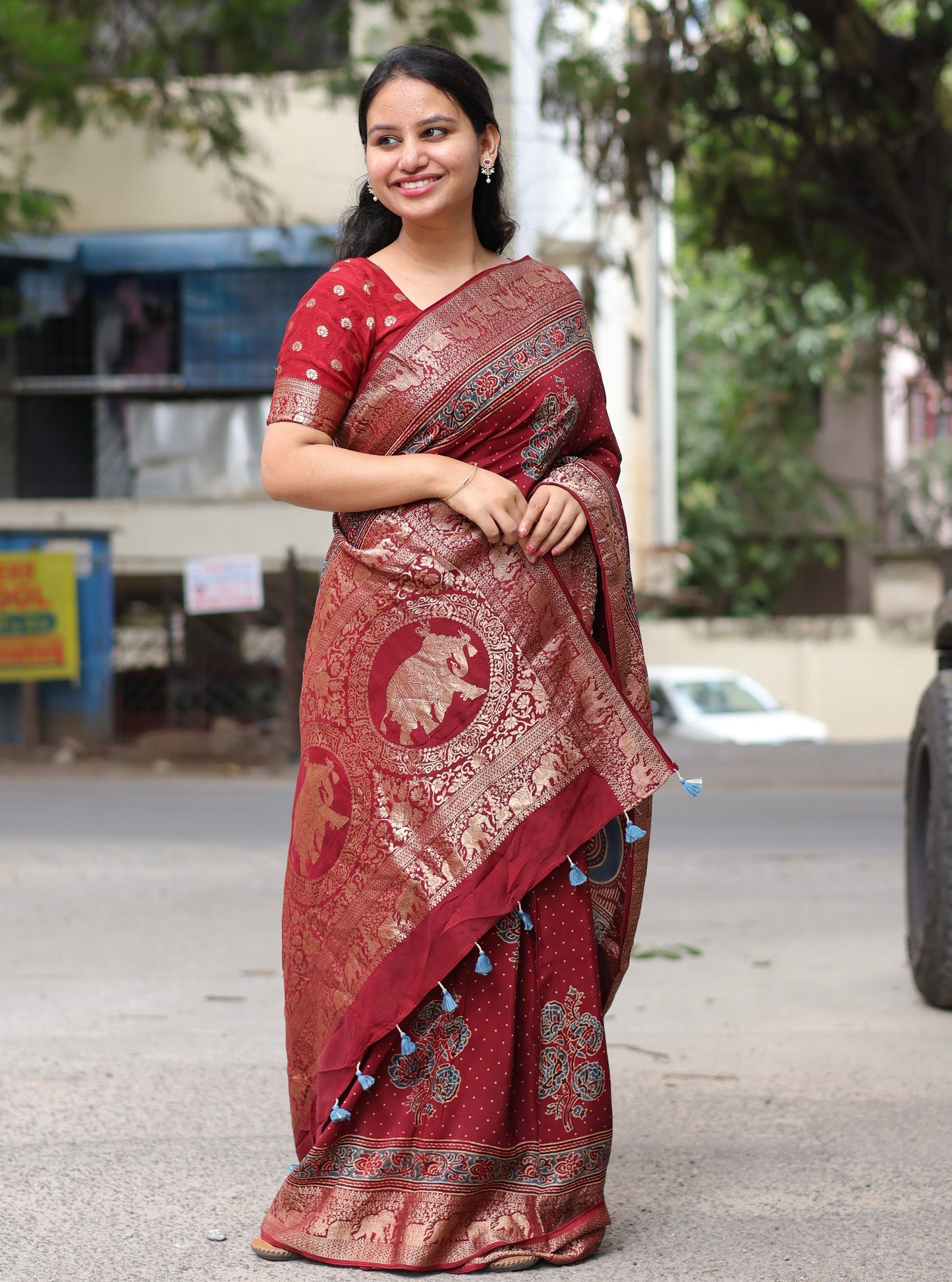 Maroon Ajrakh Dola Silk Saree