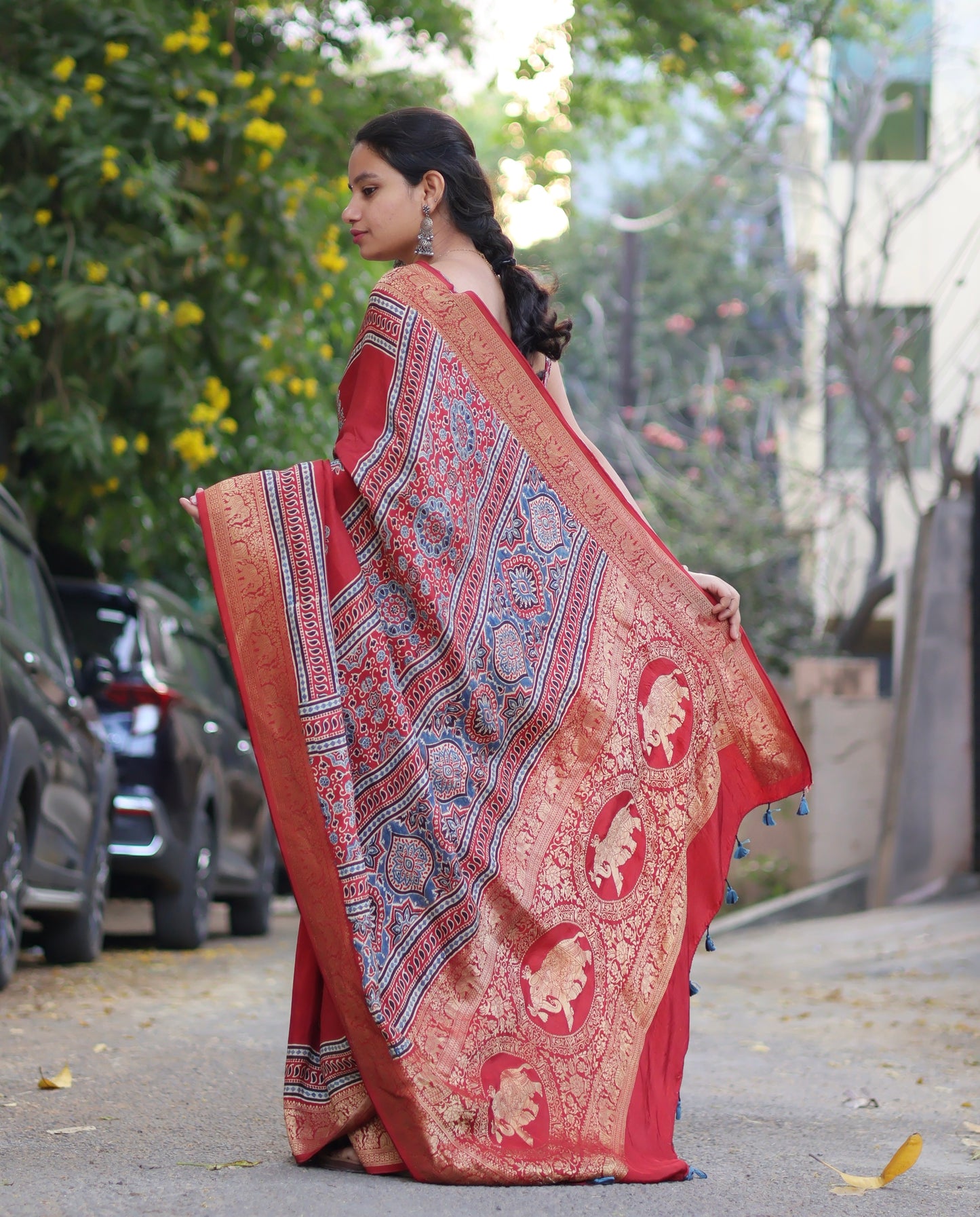 Red Ajrakh Dola Silk Saree