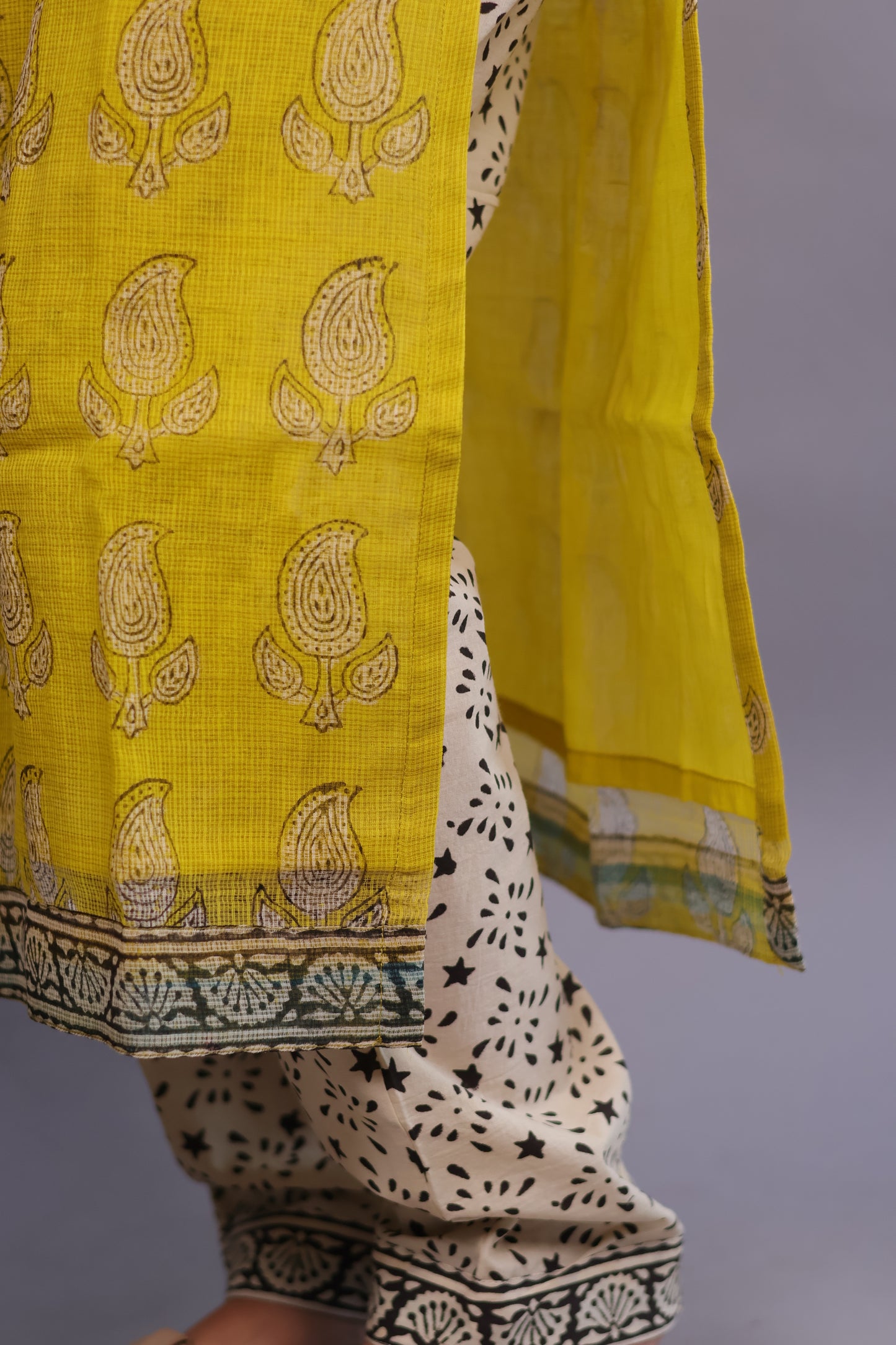 Yellow Handblock printed kota 3 piece suit (stitched)