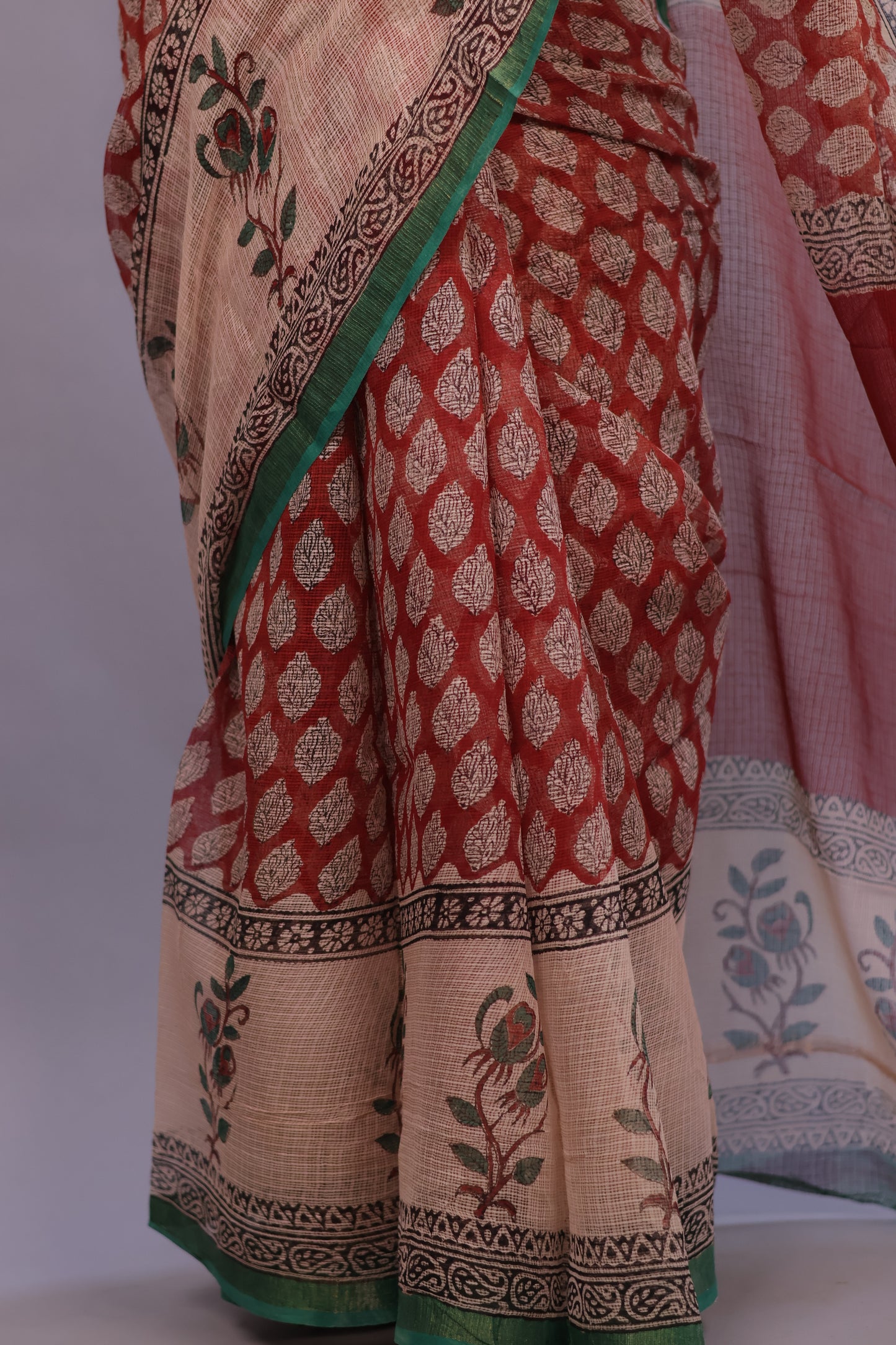 Pure Kota Doria Saree with Bagru Handblock Prints – Maroon | Looms&Tassels