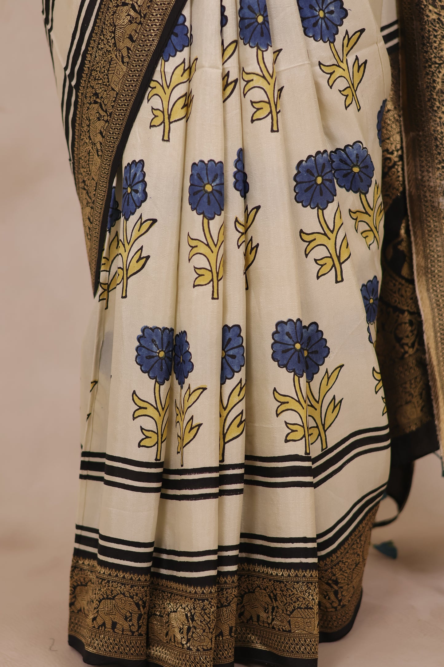 Off White Floral Ajrakh Handblock printed Dola Silk Saree | Looms & Tassels