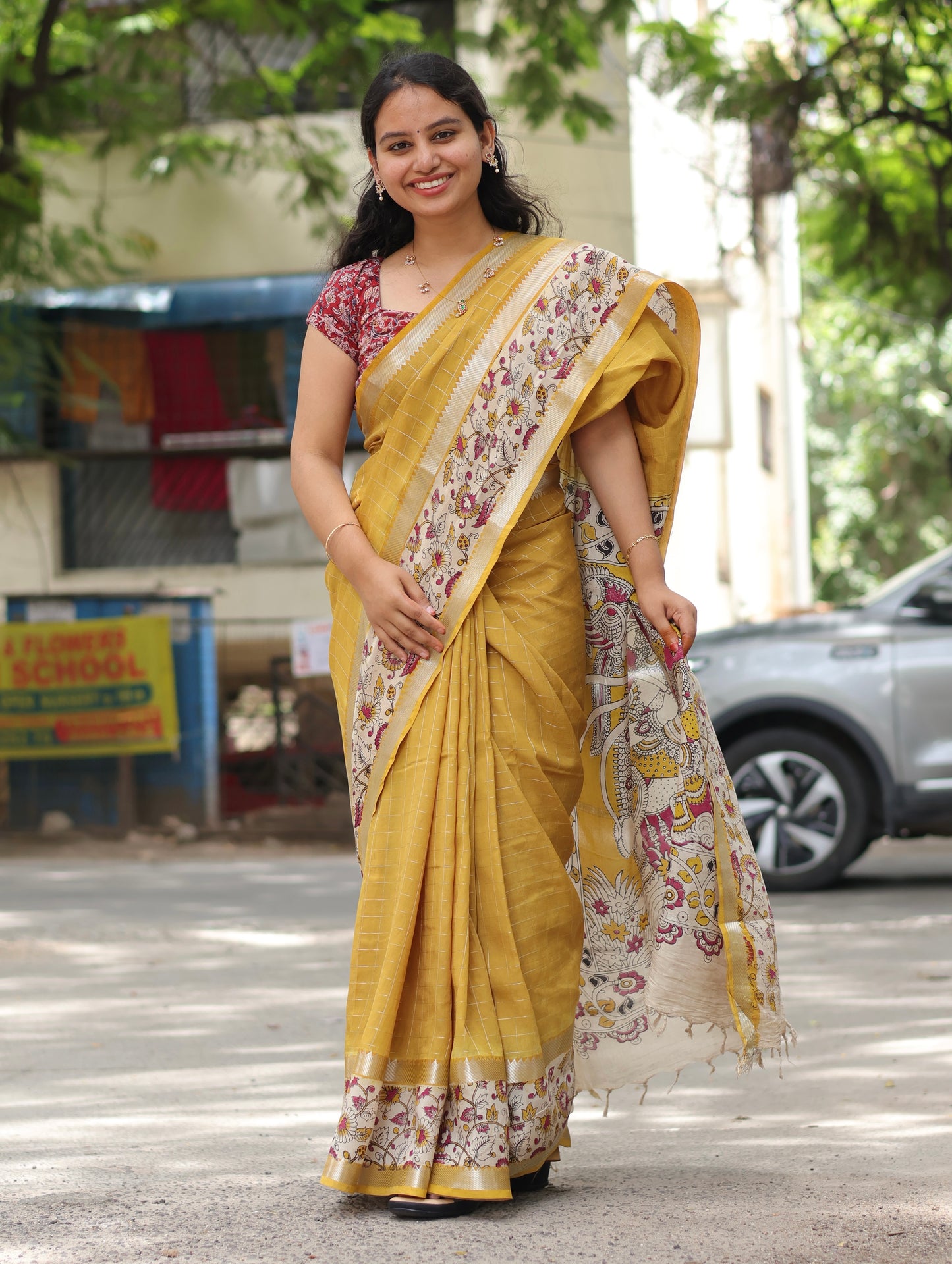 Golden Yellow Checks Kalamkari dyeing premium chennur silk saree
