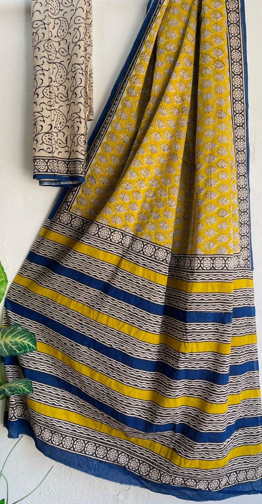 Yellow Bagru Handblock printed MulMul cotton saree
