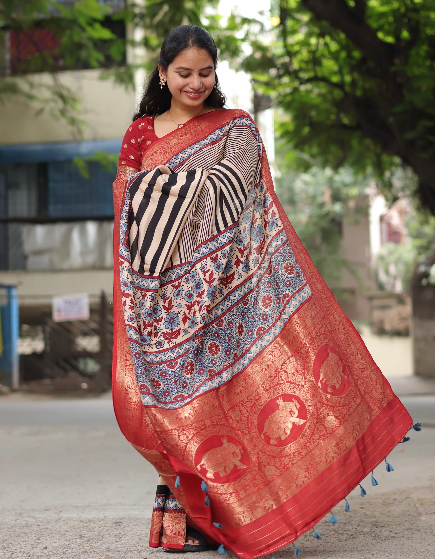 Stripes Contemporary Ajrakh Dola Silk Saree