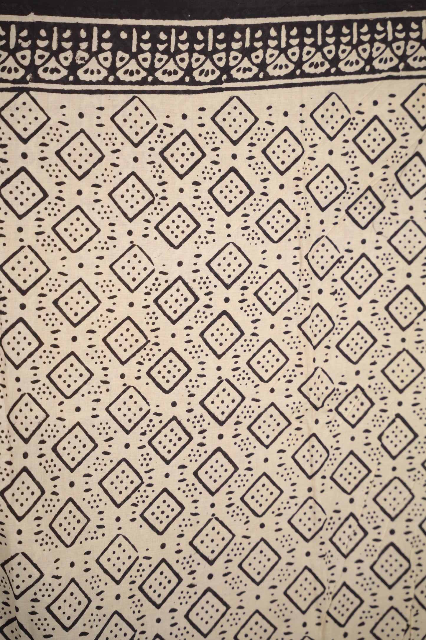 Black Bagru Handblock printed MulMul cotton saree | Looms & Tassels
