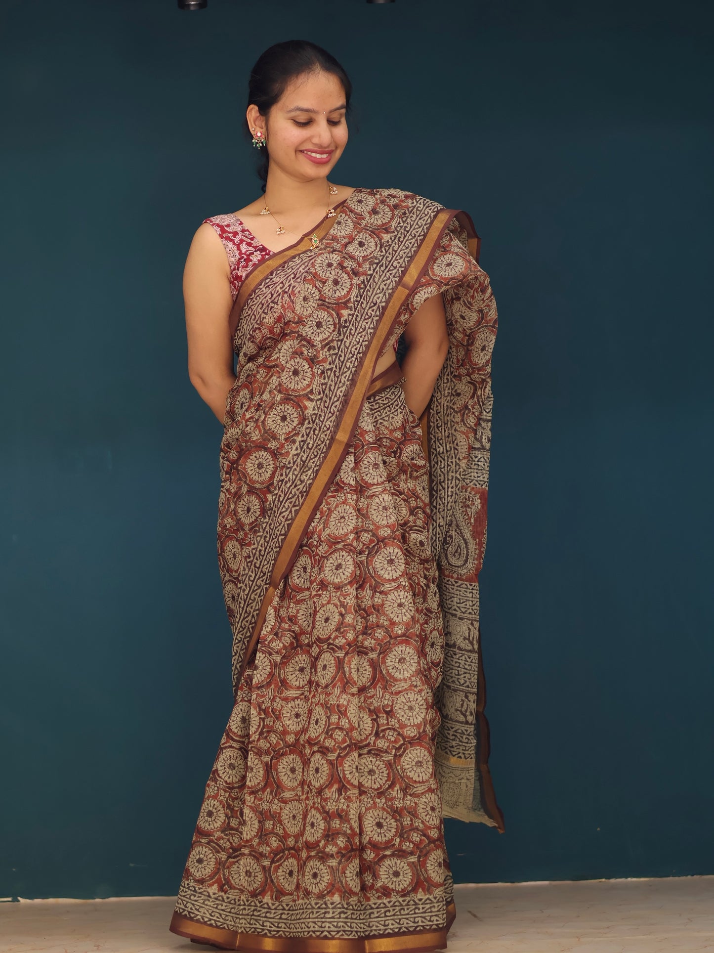 Kalamkari Hand block printed Kota Doriya Saree