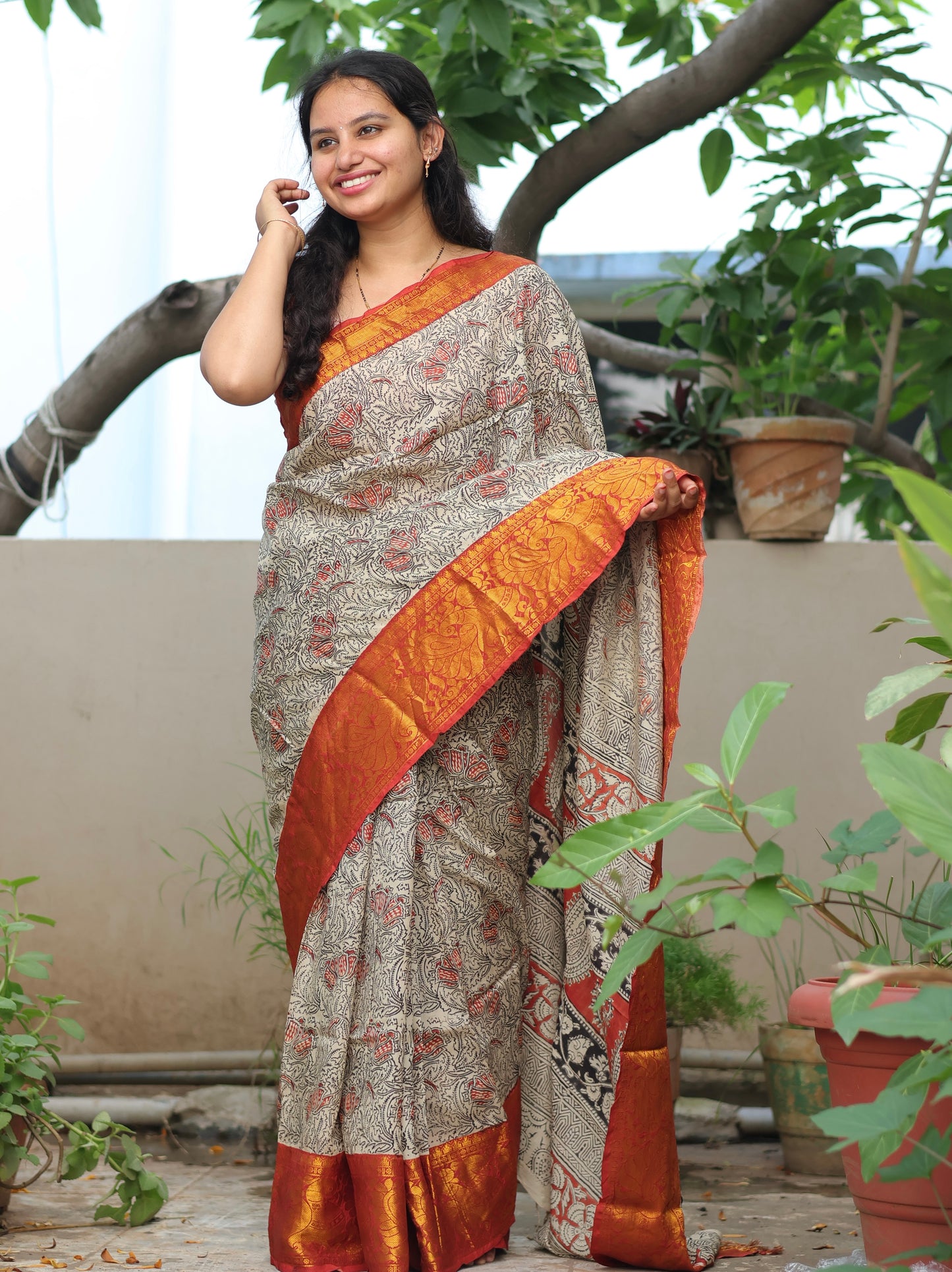 Kanchi Border Hand Block Printed kalamkari Silk Saree