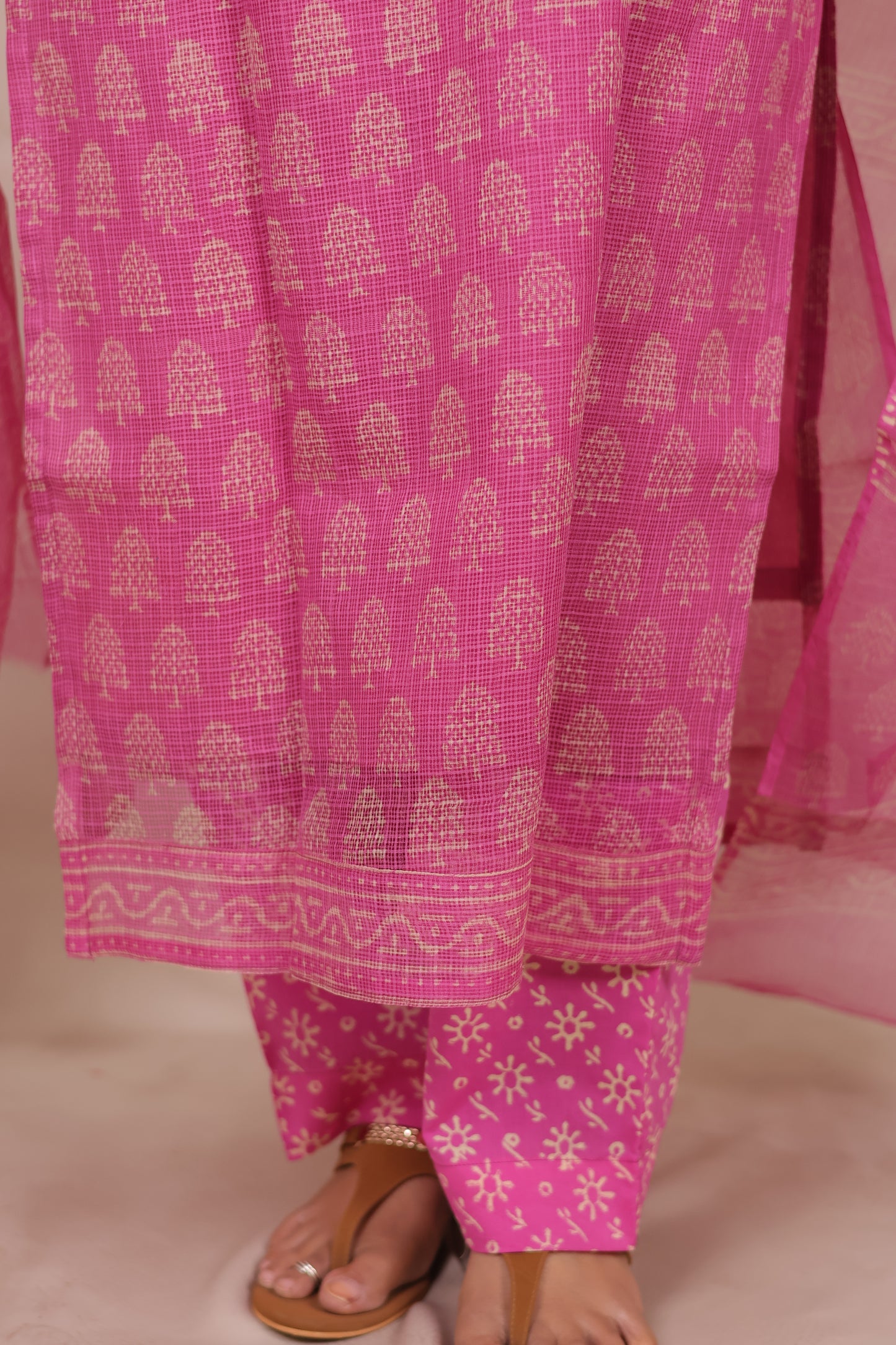 Pastel Pink Bagru Handblock printed kota 3 piece suit (stitched)