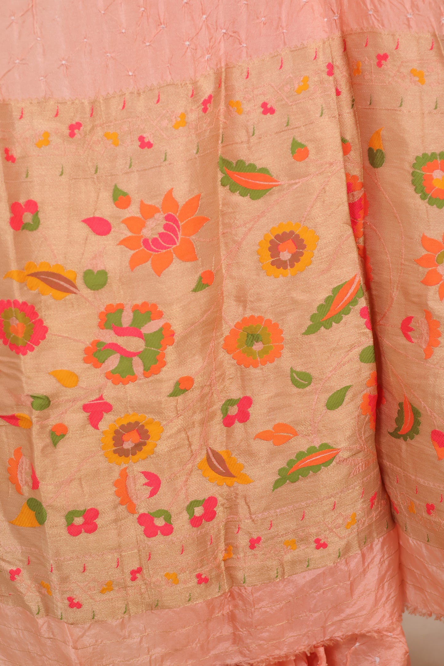 Peach Handcrafted Pattern Bandhani Paithani Dola Silk Saree | Looms & Tassels