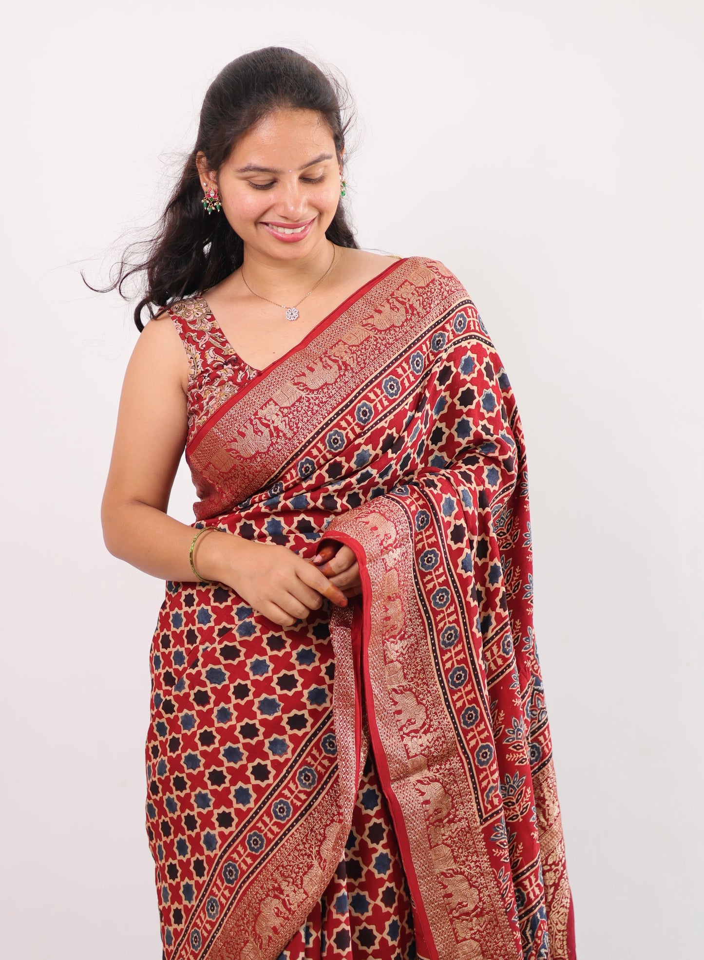 Ajrakh Dola Silk Saree