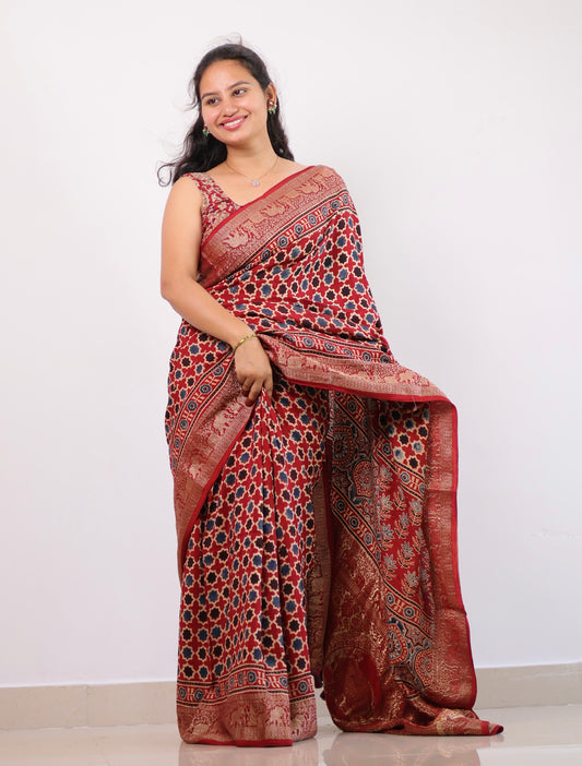 Ajrakh Dola Silk Saree