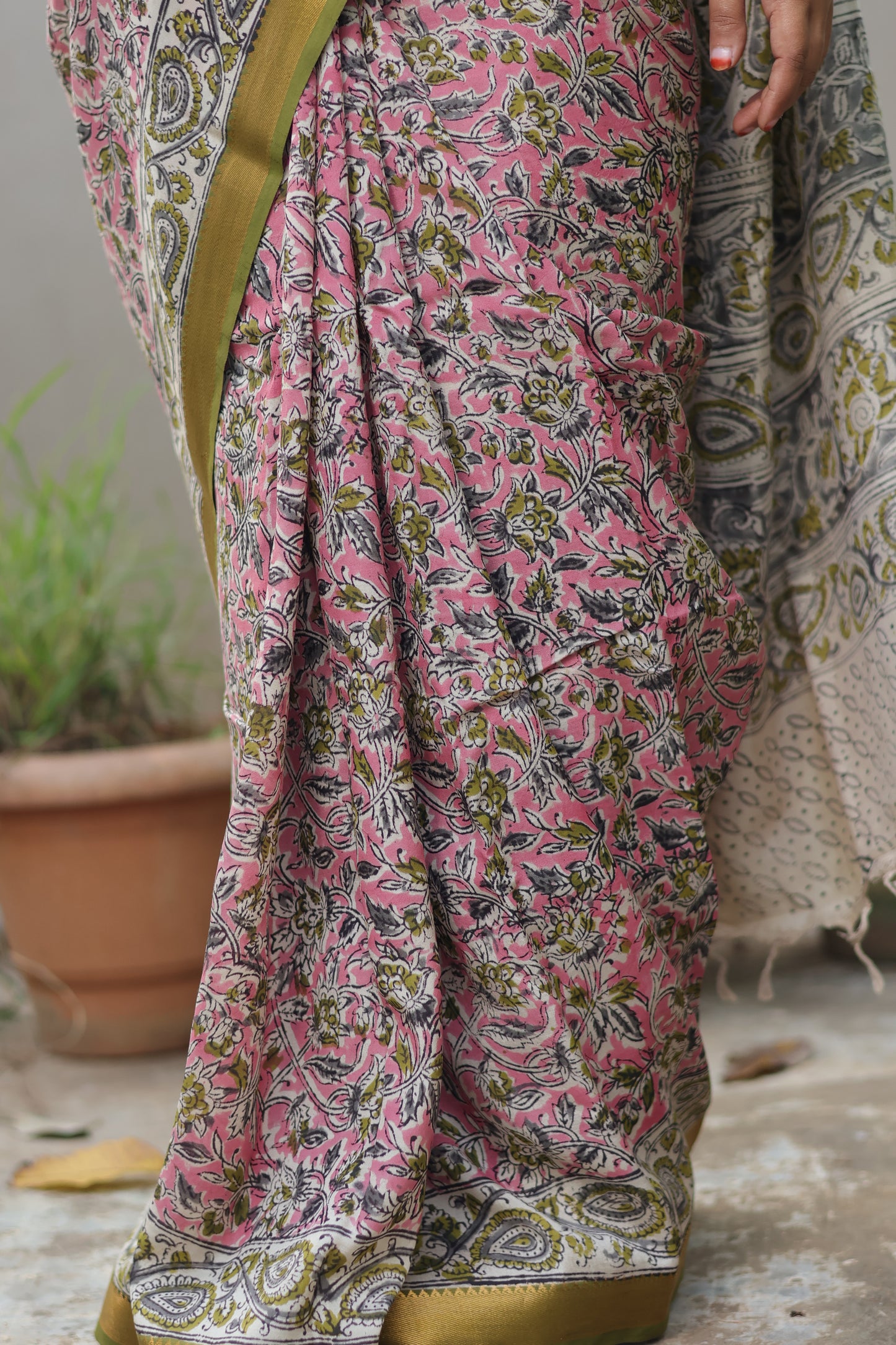 Pink Hand Block Printed Kalamkari Nizam Border Silk Sare