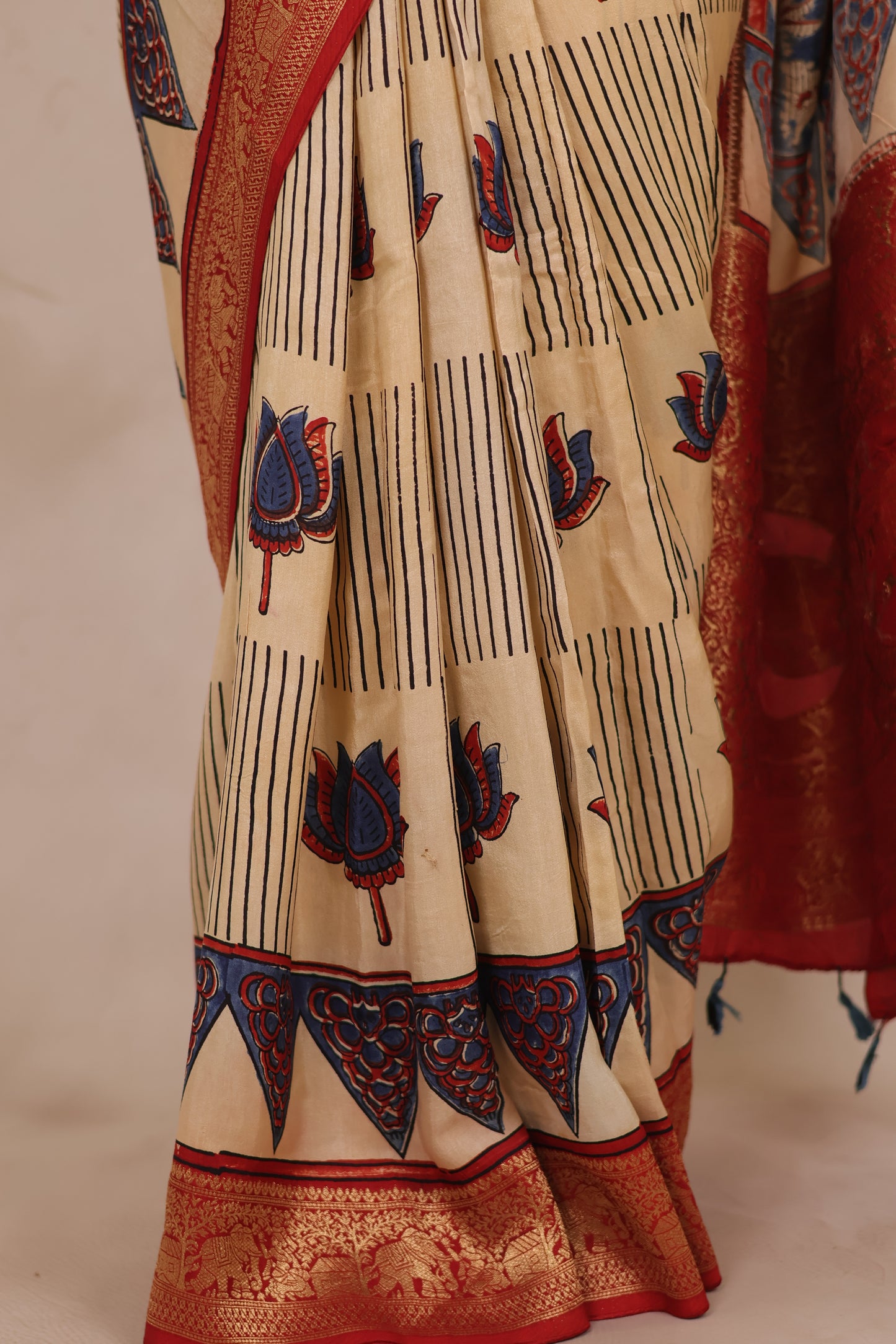 Cream Lotus Ajrakh Handblock printed Dola Silk Saree | Looms & Tassels