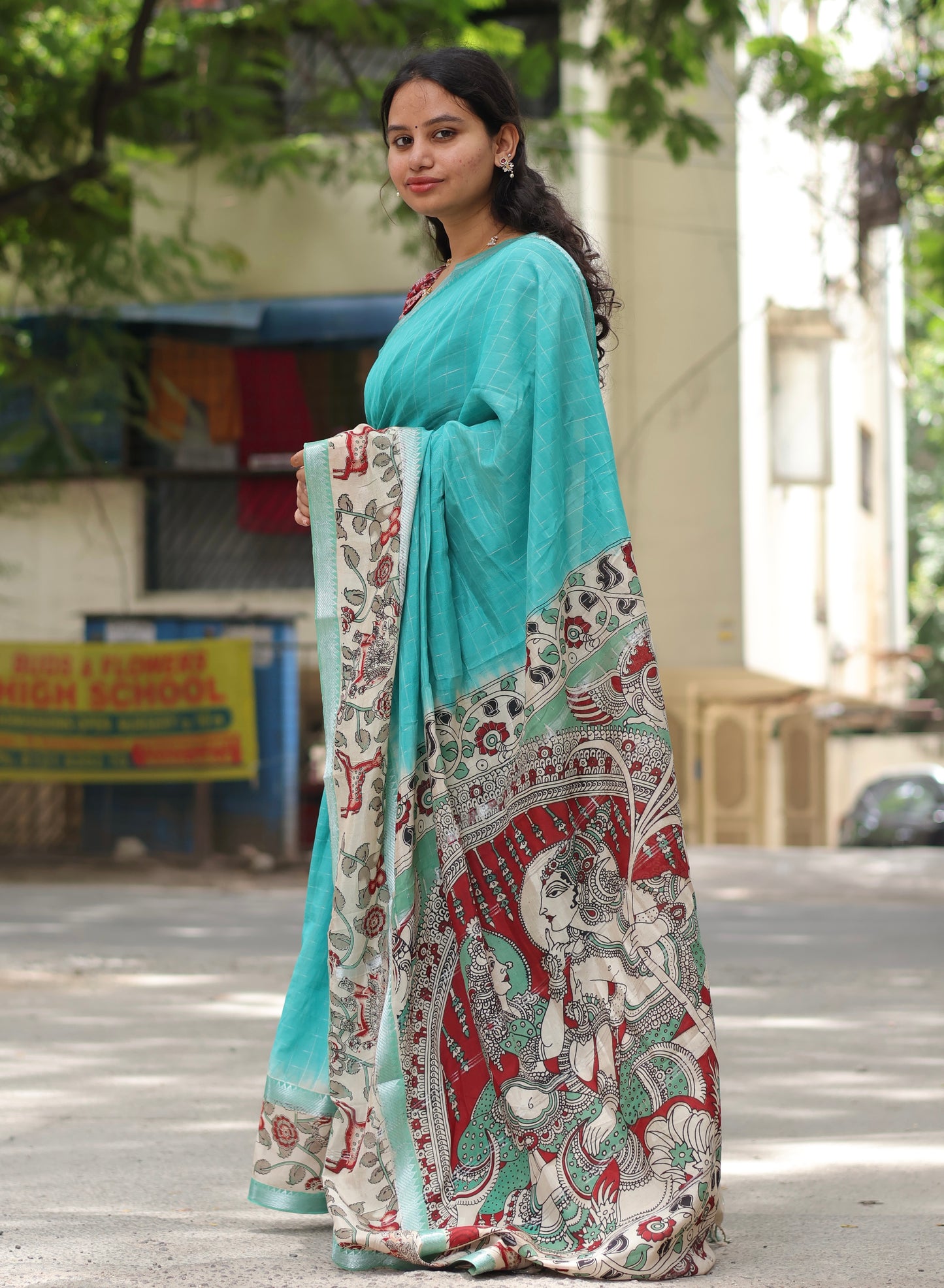 Sea Green Checks Kalamkari dyeing premium chennur silk saree